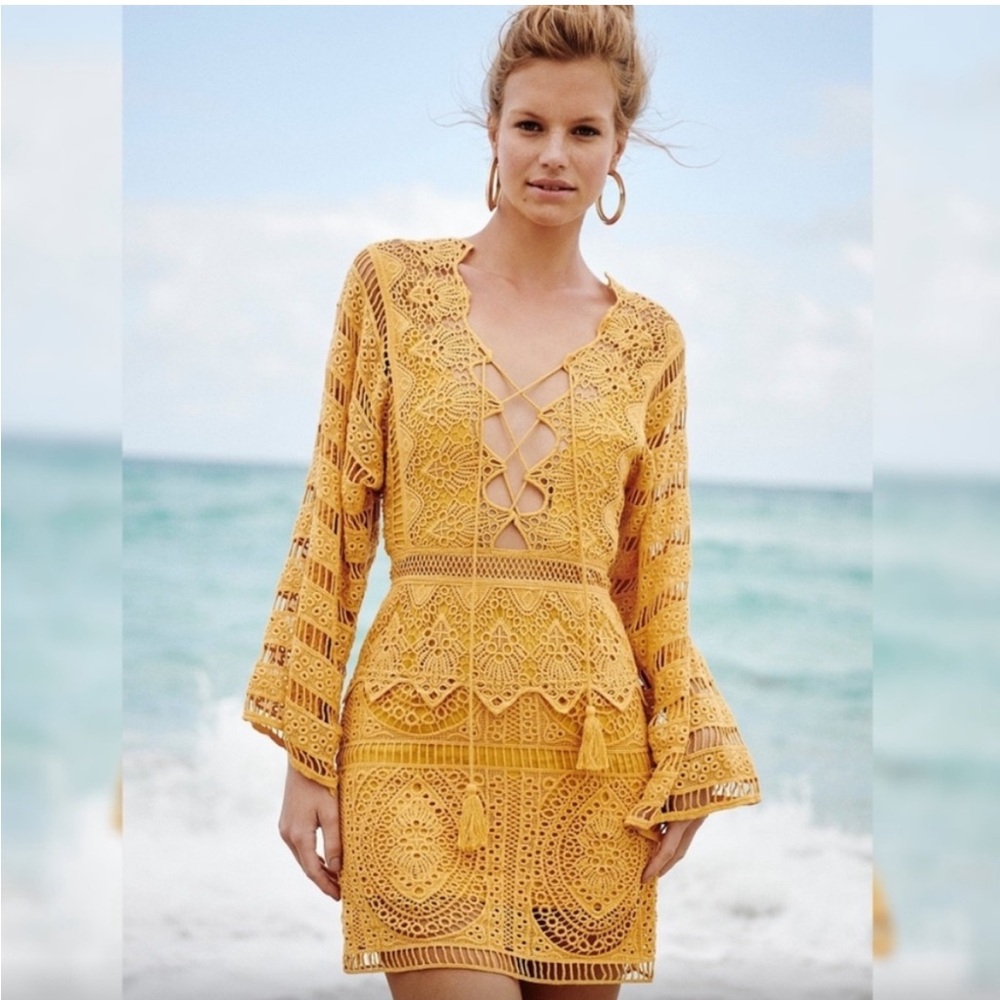 Jens Pirate Booty yellow long sleeves crochet Mini dress XS